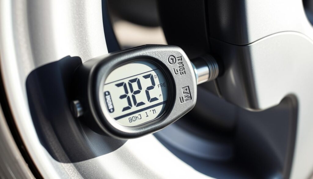 A meticulously detailed close-up shot of an automotive tire pressure gauge, precisely measuring the air pressure in a tire. The gauge displays a clear digital readout, with the tire's sidewall visible in the background. Bright, directional lighting illuminates the scene, casting defined shadows and highlighting the metallic shine of the gauge. The image conveys a sense of careful inspection and maintenance, emphasizing the importance of proper tire care for vehicle safety and longevity.