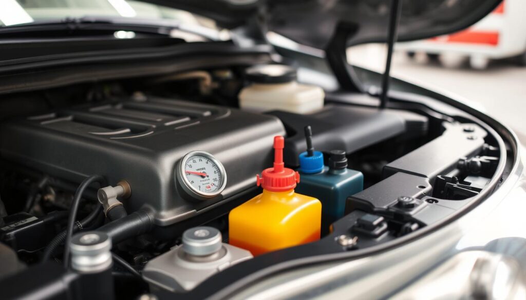 A well-lit, detailed shot of an open car hood, revealing the engine and various fluid reservoirs - oil, coolant, brake fluid, and windshield wiper fluid. The camera angle is slightly elevated, allowing a clear view of the different fluid levels and their corresponding dipsticks or sight glasses. The lighting is soft and even, highlighting the metallic textures and colors of the engine components. The background is blurred, keeping the focus on the fluid check process. The overall mood is one of a straightforward, informative illustration, emphasizing the importance of regularly monitoring vehicle fluid levels as part of preventive maintenance.